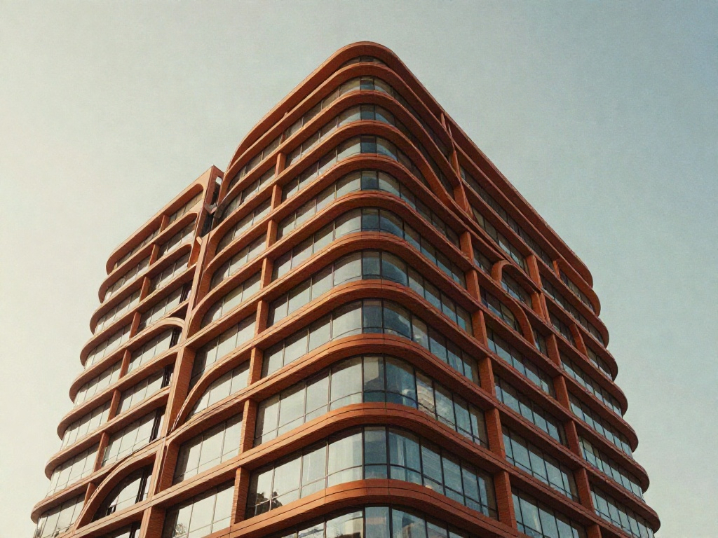 Upward perspective of a contemporary corporate building with warm terracotta fins and glass façades